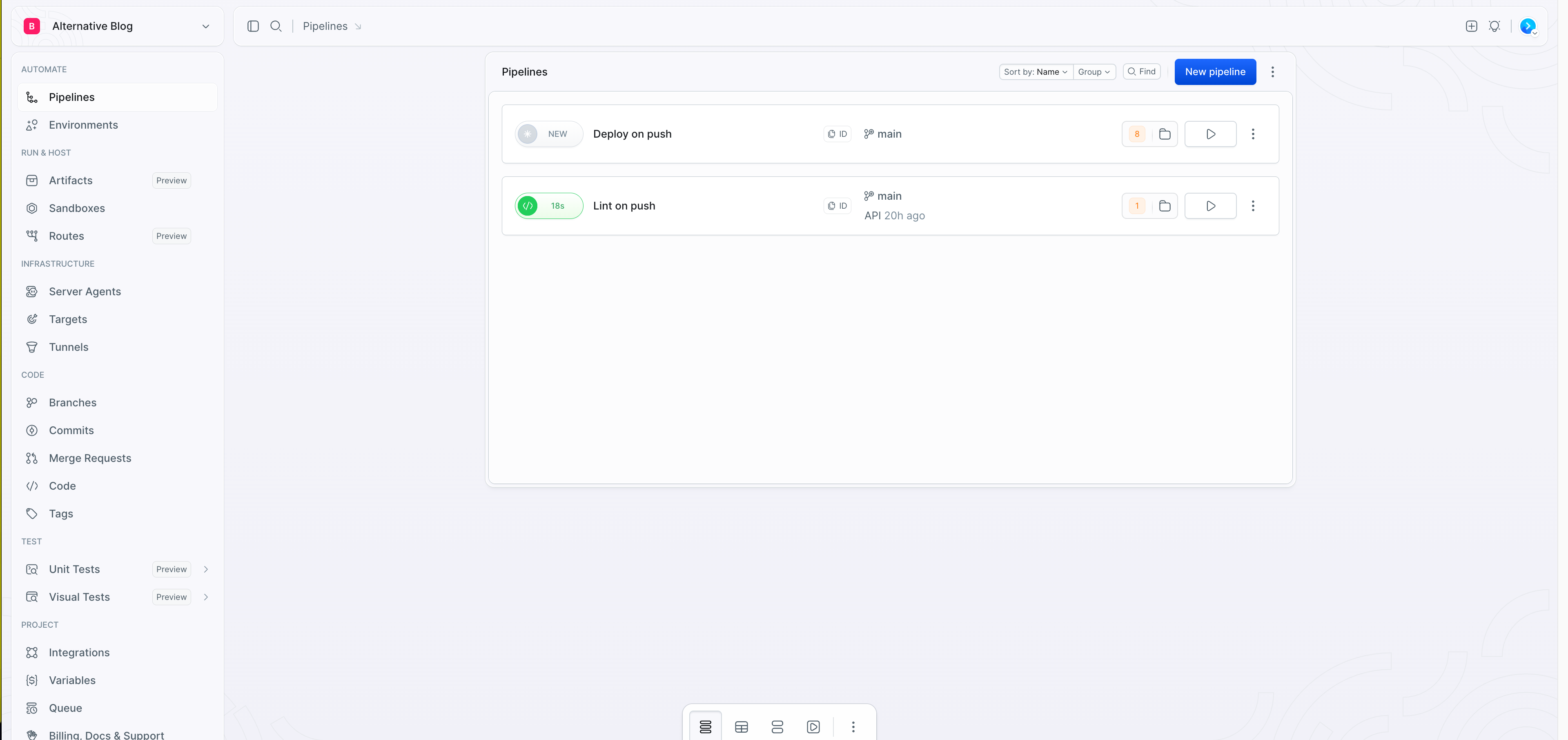 Buddy's pipelines list showing Deploy on push and Lint on push pipelines