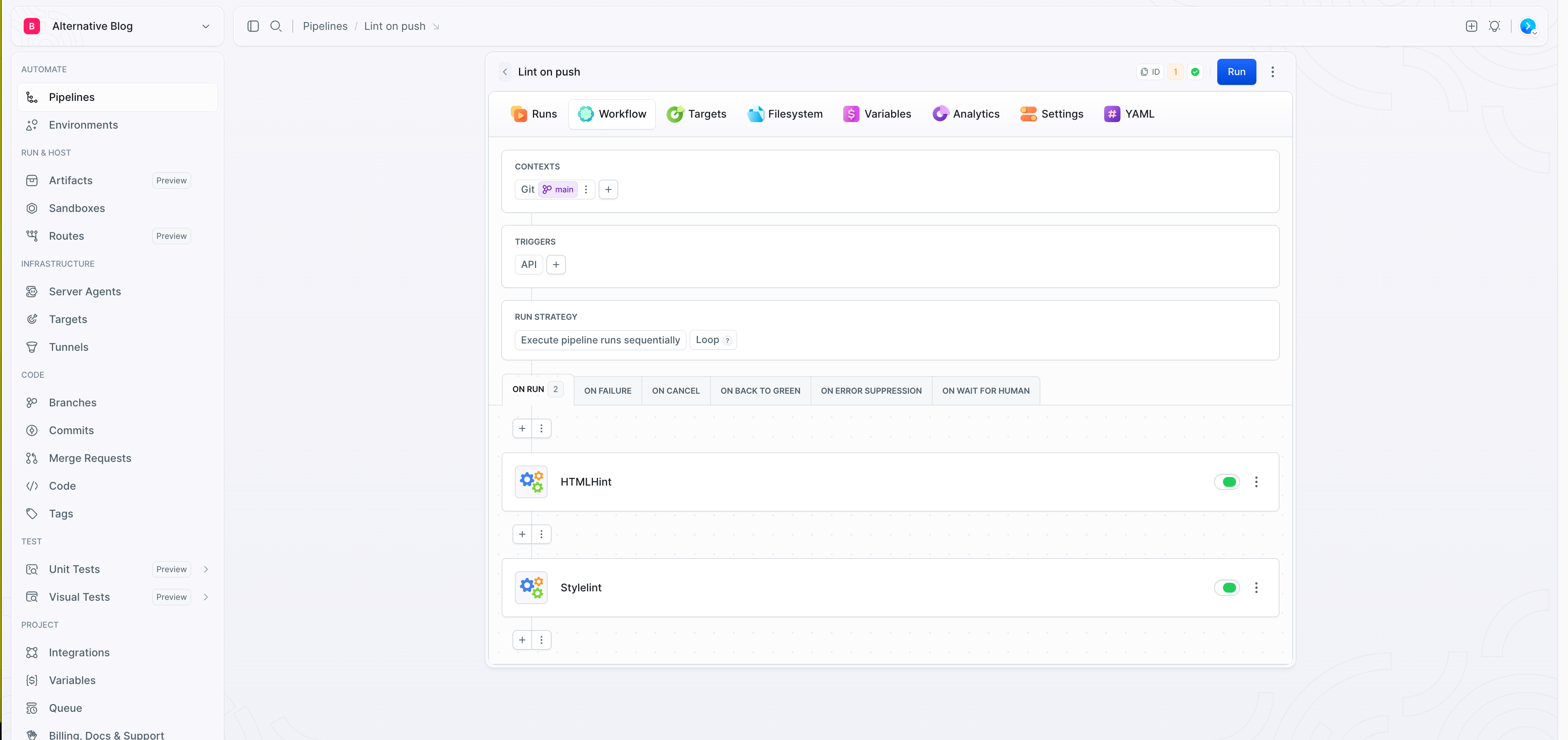 Buddy's visual workflow editor showing the Lint on push pipeline with HTMLHint and StyleLint steps