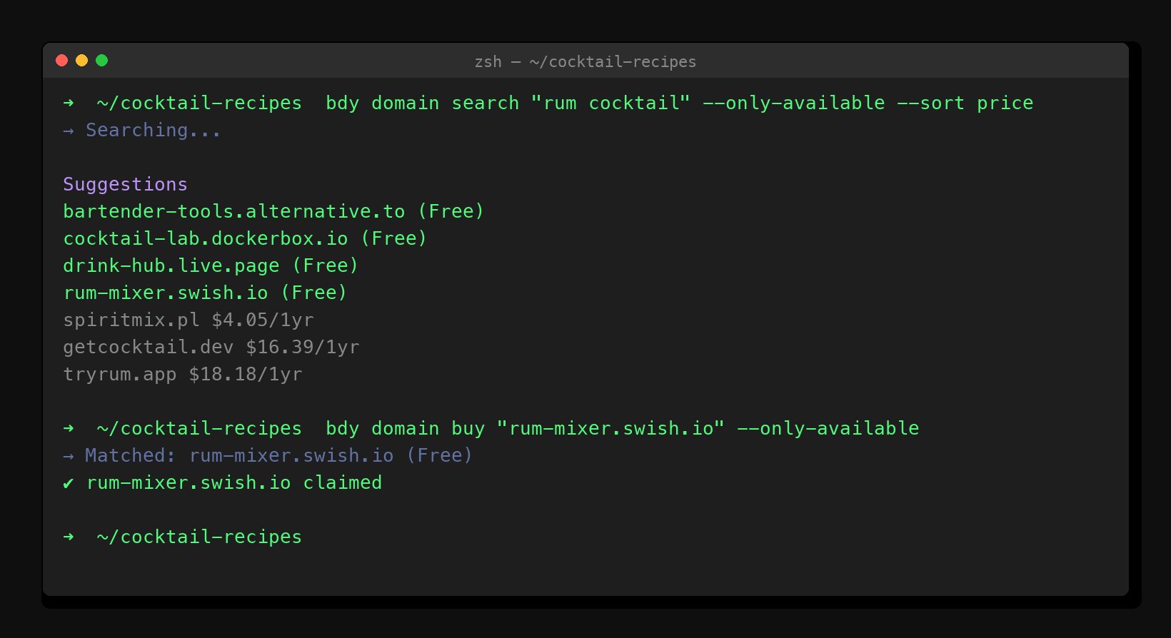 Terminal showing bdy domain search results with free domains highlighted in green, followed by bdy domain buy claiming rum-mixer.swish.io