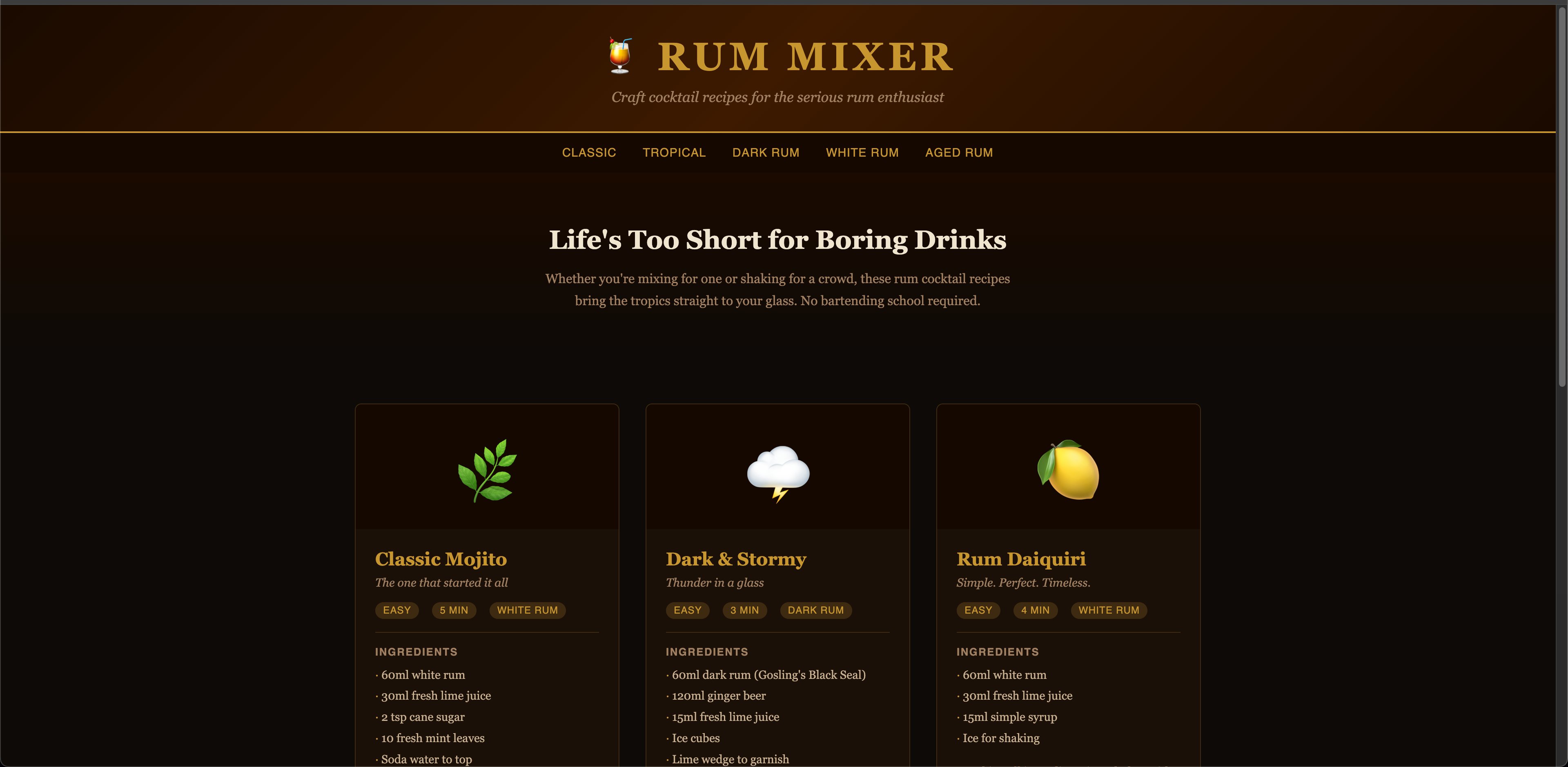 The Rum Mixer website open in Chrome showing the dark brown theme with gold accents, cocktail recipe cards for Classic Mojito, Dark & Stormy, and Rum Daiquiri