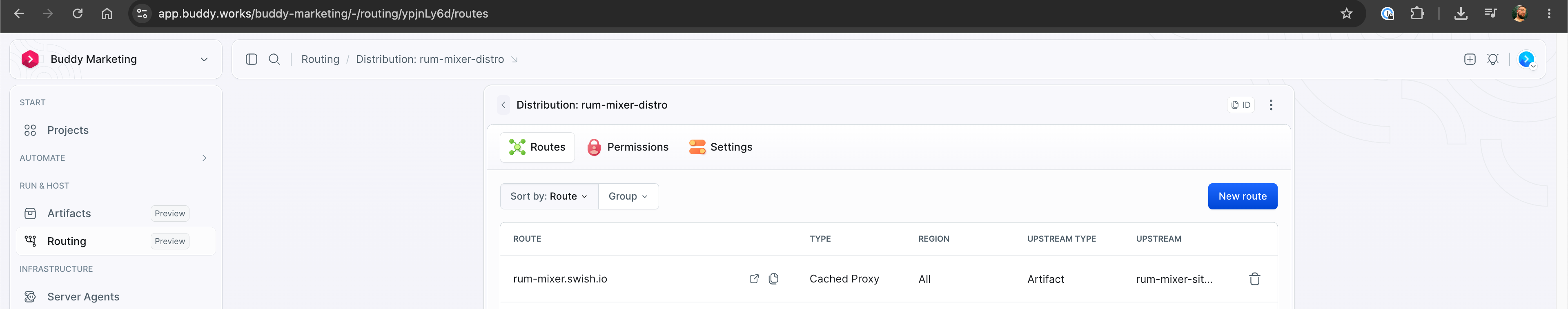 Buddy Works routing dashboard showing the rum-mixer-distro distribution with a route from rum-mixer.swish.io pointing to the rum-mixer-site artifact