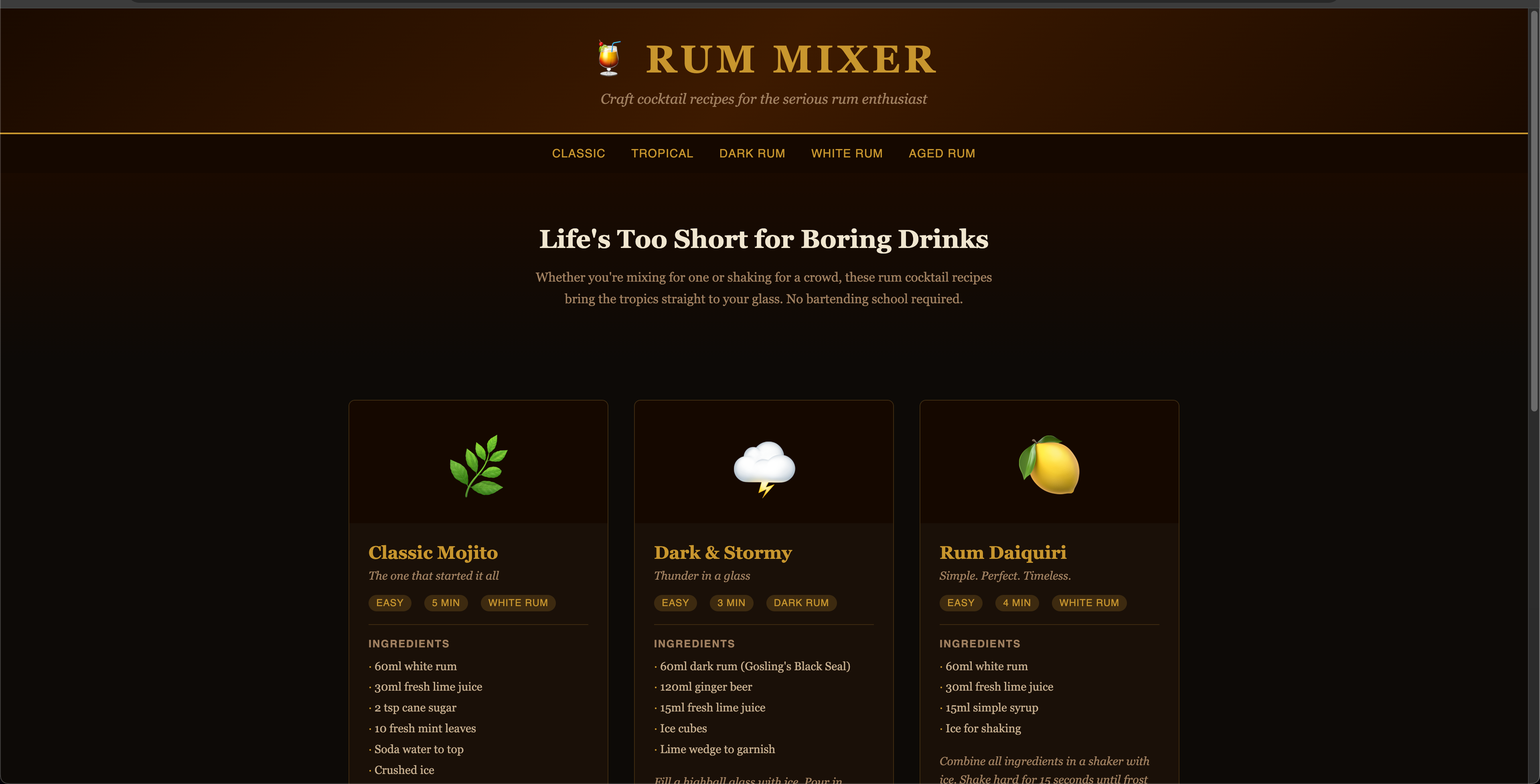 rum-mixer.swish.io live in Chrome, showing the full Rum Mixer website with the dark theme and all six cocktail recipe cards visible